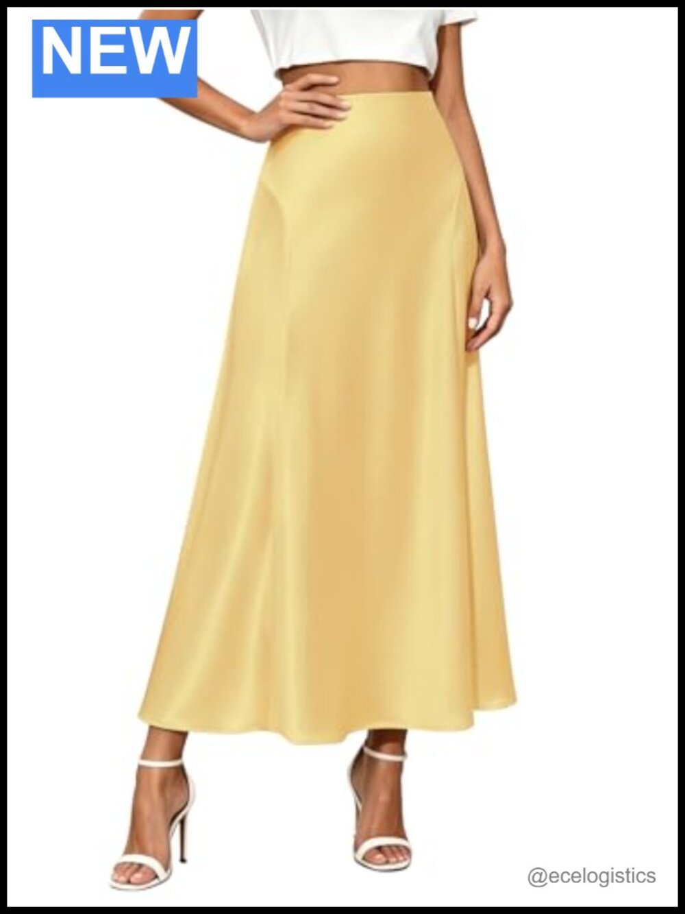 Satin Silk A-Line Flowy Maxi Skirt High Waist Elastic Waistband